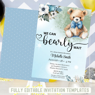 Boys Blue Floral Teddy Bear Baby shower Kaart
