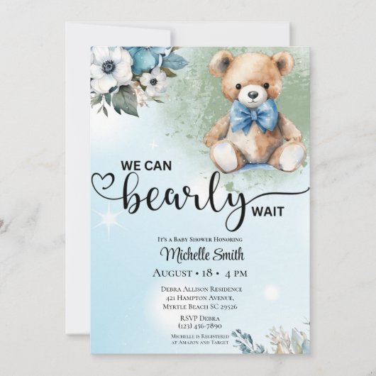 Boys Blue Floral Teddy Bear Baby shower Kaart (Voorkant)