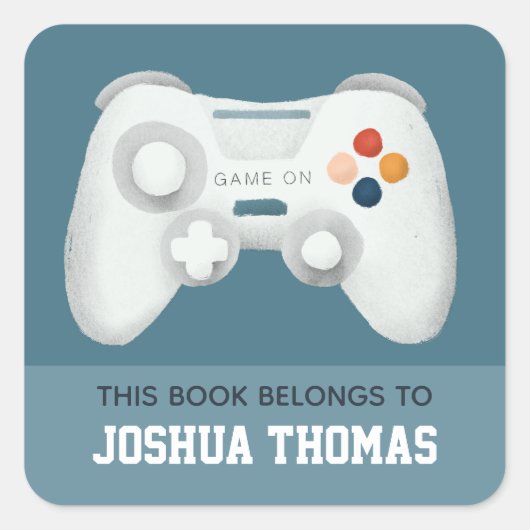 Boys Blue Gaming Kinder Bookplate Library Vierkante Sticker (Voorkant)