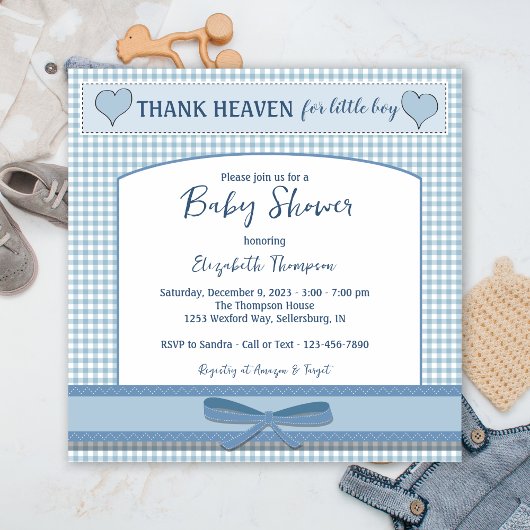 Boys Blue Gingham Baby shower Kaart