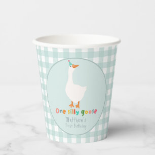 Boys Blue Gingham One Gekke Goose 1st Birthday Papieren Bekers