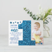 Boys Blue Glitter foto eerste verjaardag Kaart (Staand voorkant)