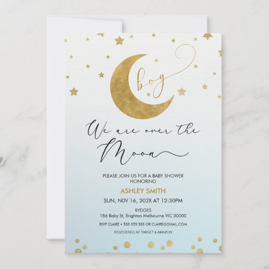Boys Blue Gold We Are Over The Moon Baby shower Kaart (Voorkant)
