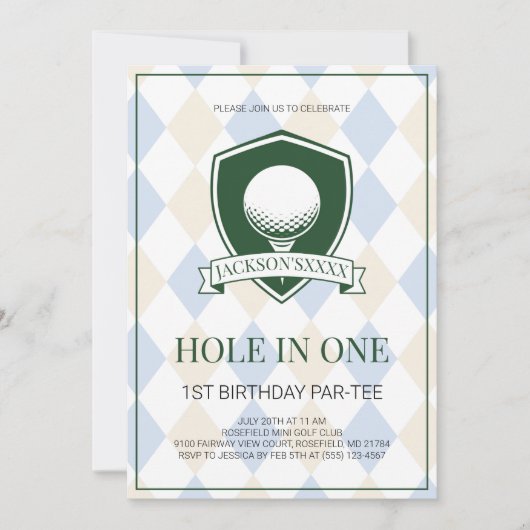 Boys Blue Golf Hole in One 1st Birthday Party Kaart (Voorkant)