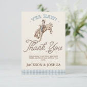 Boys Blue Gray Twins First Rodeo 1st Birthday Bedankkaart (Staand voorkant)