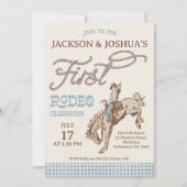 Boys Blue Gray Twins First Rodeo 1st Birthday Kaart (Voorkant)