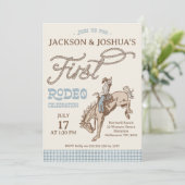 Boys Blue Gray Twins First Rodeo 1st Birthday Kaart (Staand voorkant)