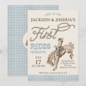 Boys Blue Gray Twins First Rodeo 1st Birthday Kaart (Voorkant / Achterkant)