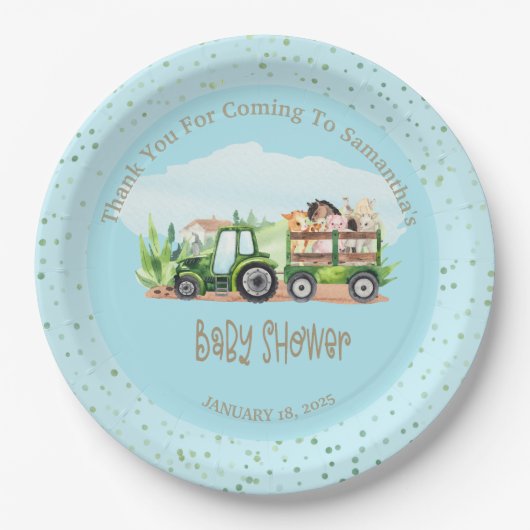 Boys Blue Green Farm Animals Tractor Baby shower Papieren Bordje (Voorkant)