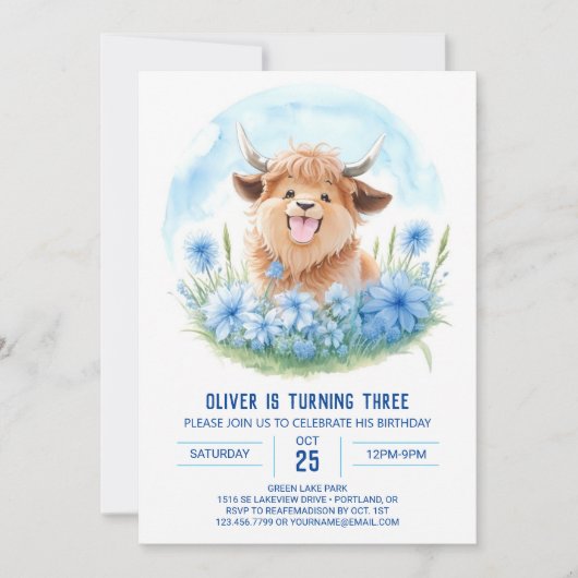 Boys' Blue Highland Koe Picknick Kids Verjaardag Kaart (Voorkant)