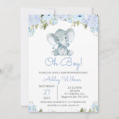 Boy's Blue Hydrangea Elephant Baby shower Kaart (Voorkant)