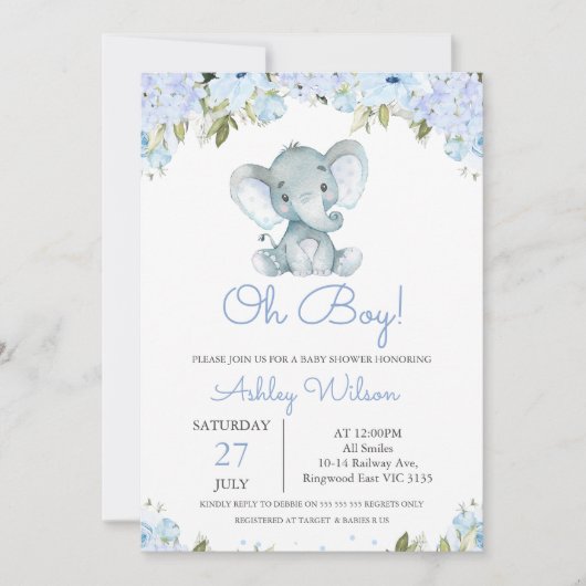 Boy's Blue Hydrangea Elephant Baby shower Kaart (Voorkant)