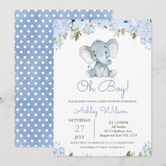 Boy's Blue Hydrangea Elephant Baby shower Kaart (Voorkant / Achterkant)