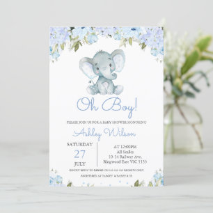 Boy's Blue Hydrangea Elephant Baby shower Kaart