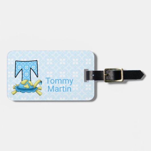 Boys Blue Letter T voor schildpad, monogrammed Tra Bagagelabel (Voorkant horizontaal)