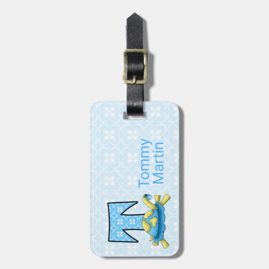 Boys Blue Letter T voor schildpad, monogrammed Tra Bagagelabel (Voorkant verticaal)