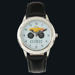 Boys Blue Monster Hot Flames Truck Kinder Horloge<br><div class="desc">Dit coole jongenshorloge-ontwerp is voorzien van een gele vrachtwagen met zwarte wielen en hete vlammen,  cijfers en heeft plaats voor u om uw kinder naam toe te voegen in eenvoudige typografie. Het perfecte monstercadeau voor elke autoliefhebber. Bekijk de rest van ons collectie voor andere leuke kinder cadeaus.</div>