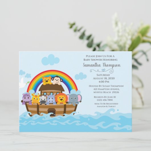 Boys Blue Noah's Ark Baby shower Uitnodiging (Staand voorkant)