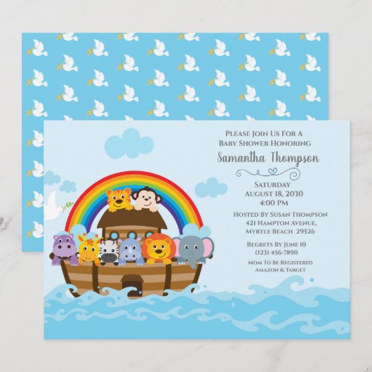 Boys Blue Noah's Ark Baby shower Uitnodiging (Voorkant / Achterkant)
