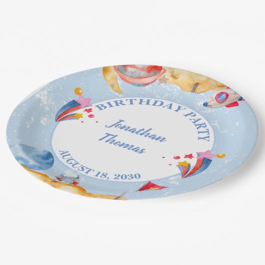 Boys Blue Outerspace Astronaut Birthday Party Papieren Bordje (Gekanteld)