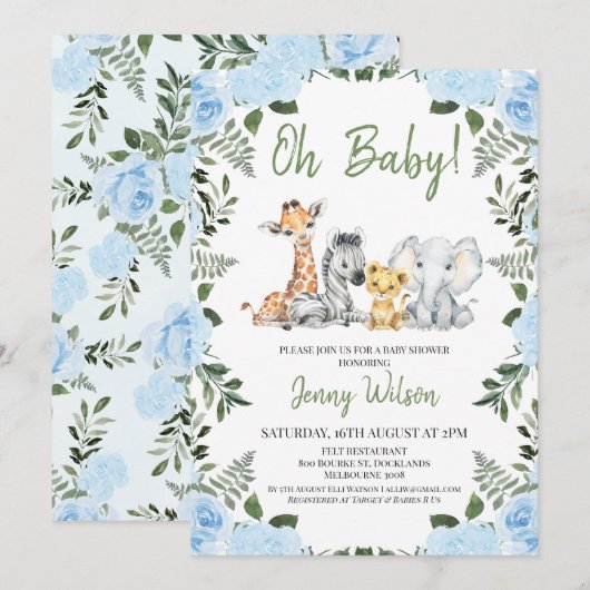 Boys Blue Rozen Foliage Safari Baby shower Kaart (Voorkant / Achterkant)