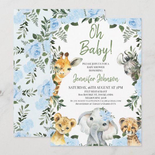 Boys Blue Rozen Safari Animals Baby shower Kaart (Voorkant / Achterkant)