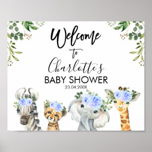 Boys Blue Safari Floral Baby shower Welkom Poster
