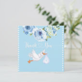 Boys Blue Stork Monogram Floral Baby shower Bedankkaart (Staand voorkant)