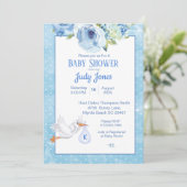 Boys Blue Stork Monogram Floral Baby shower Kaart (Staand voorkant)