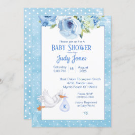 Boys Blue Stork Monogram Floral Baby shower Kaart