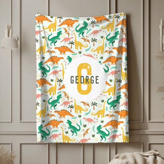 Boys Blue T-Rex Jungle Dinosaur Monogrammed Fleece Deken
