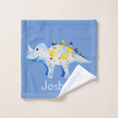 Boys Blue Waterverf Dinosaur en Name Kinder Bad Handdoek (Wasdoekje)