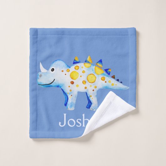 Boys Blue Waterverf Dinosaur en Name Kinder Bad Handdoek (Wasdoekje)