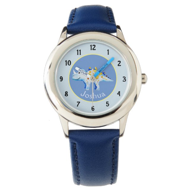 Boys Blue Waterverf Dinosaur en Name Kinder Horloge (Voorkant)