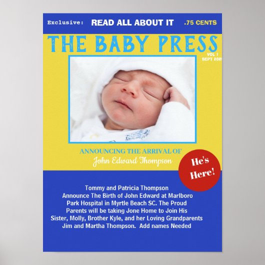 Boys Blue Yellow Keepomwille Foto Birth Poster (Voorkant)