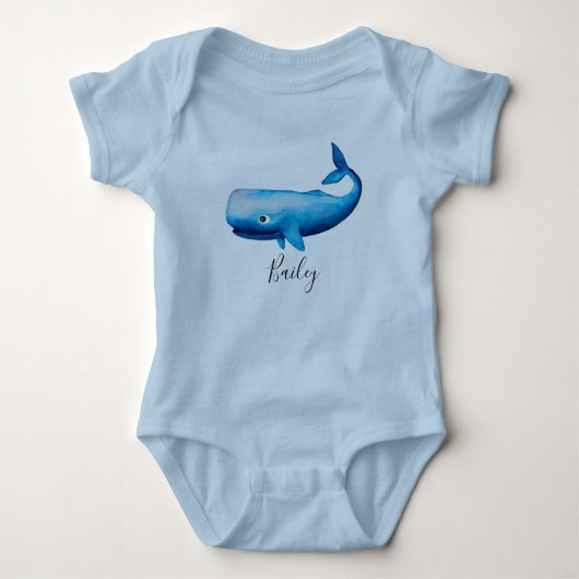 Boy's Blue Zee Waterverf Whale Beach met naam Romper (Voorkant)