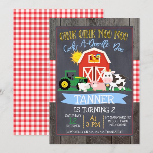 Boys Boerderij Barnyard Chalkboard Birthday Uitnod Kaart (Voorkant / Achterkant)