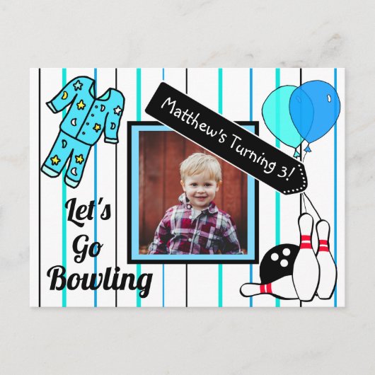 Boy's Bowling Thema Verjaardagsfeestuitnodiging Briefkaart (Voorkant)