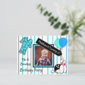 Boy's Bowling Thema Verjaardagsfeestuitnodiging Briefkaart (Staand voorkant)
