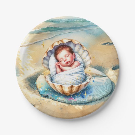 Boy's Brown and Blue Coastal Baby shower Papieren Bordje (Voorkant)