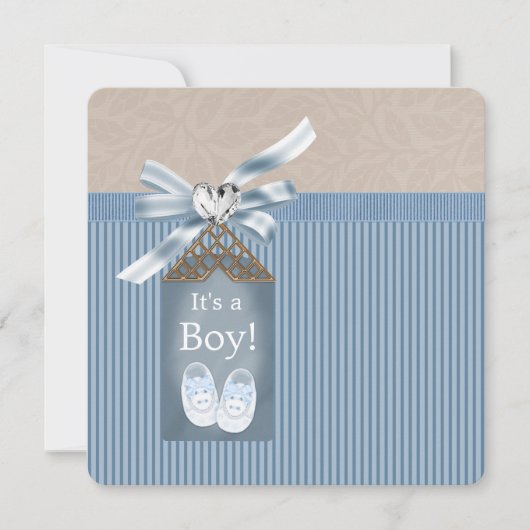Boys Brown Blue Pinstripe Baby shower Kaart (Voorkant)