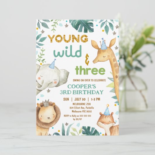 Boys Brown Cheetah Print Young Wild Three Birthday Kaart (Staand voorkant)