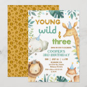 Boys Brown Cheetah Print Young Wild Three Birthday Kaart (Voorkant / Achterkant)