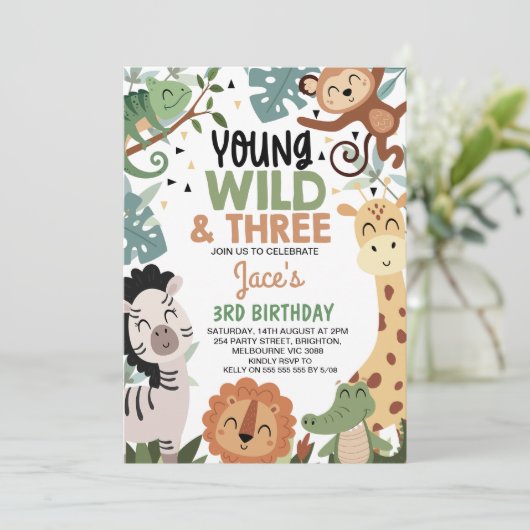 Boys Brown Green Young Wild Three 3rd Birthday Kaart (Staand voorkant)