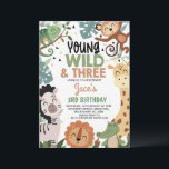 Boys Brown Green Young Wild Three 3rd Birthday Kaart<br><div class="desc">Boys Brown Green Young Wild Three 3rd Birthday Invitation

Cute boys safari or wild themed third birthday invitation featuring six cute jungle animals.  The back of this young ,  wild and three birthday invitation features a cheetah print pattern.</div>
