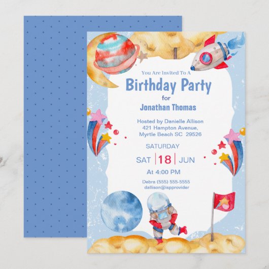 Boys Buitenruimte Astronaut Blue Red Invitation Kaart (Voorkant / Achterkant)