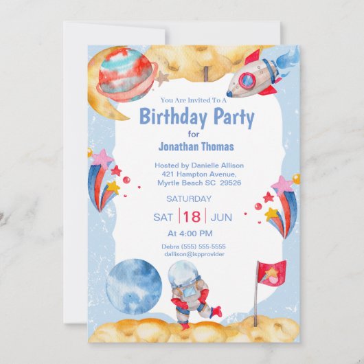 Boys Buitenruimte Astronaut Blue Red Invitation Kaart (Voorkant)