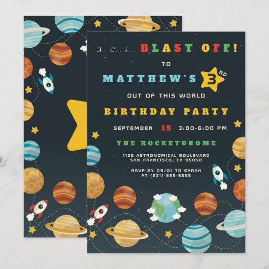 Boys Buitenspace Rocket Birthday Party Invitation Kaart (Voorkant / Achterkant)