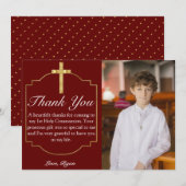 Boys Burgundy Gold Cross 1st Commune Hartelijk dan Bedankkaart (Voorkant / Achterkant)