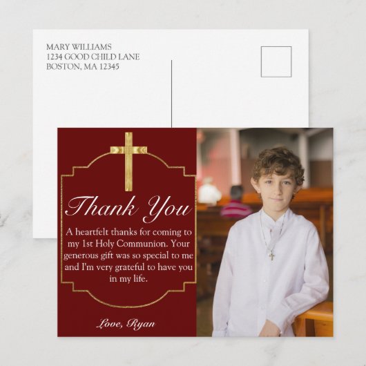 Boys Burgundy Gold Cross 1st Commune Hartelijk dan Briefkaart (Voorkant / Achterkant)